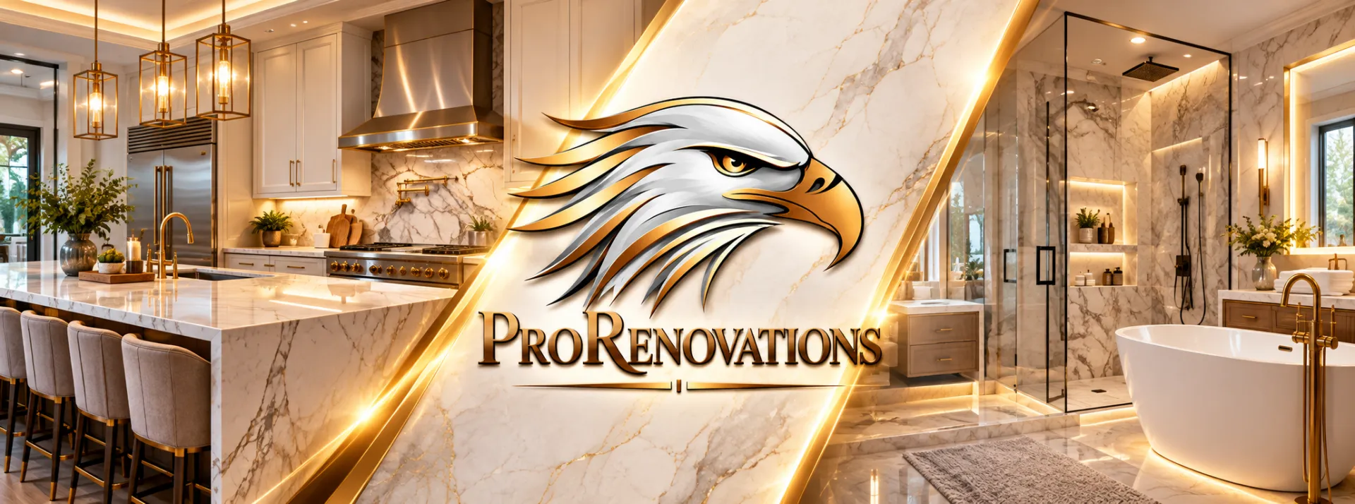 ProRenovations eagle logo between a bright kitchen and bathroom