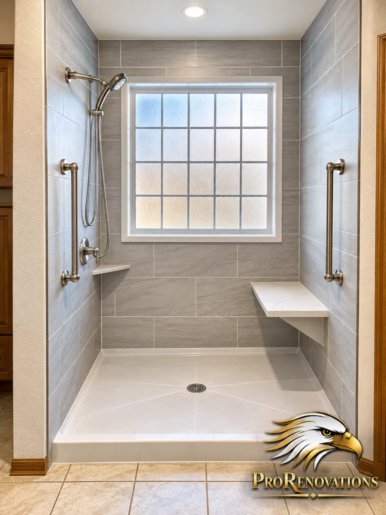 Accessible shower with grab bars, a fold-down shower seat and a handheld shower head