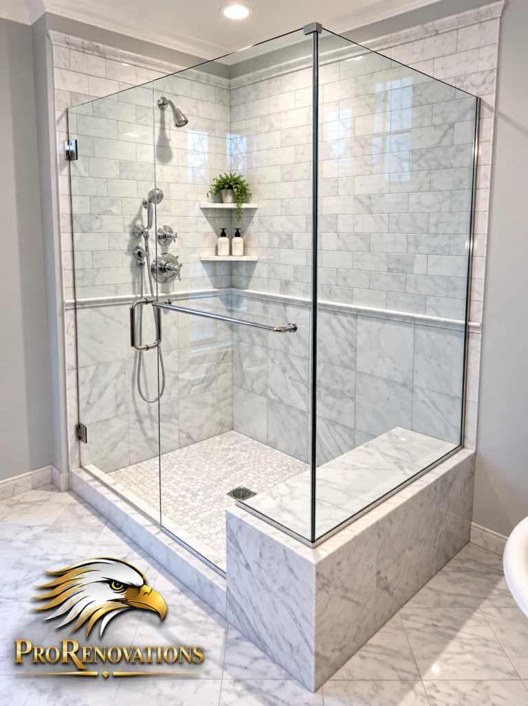 Bathroom with a corner glass shower, marble-look tile and a built-in bench