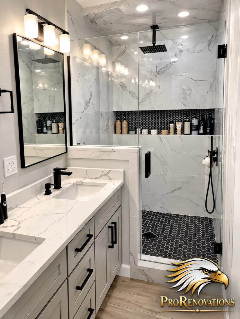 Bathroom with a marble-look walk-in shower, black hexagon floor tile and a double vanity
