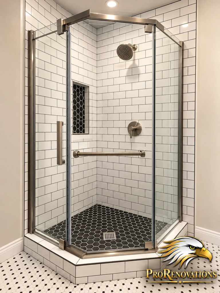 Bathroom with a neo-angle glass shower, white subway tile and black hexagon floor tile