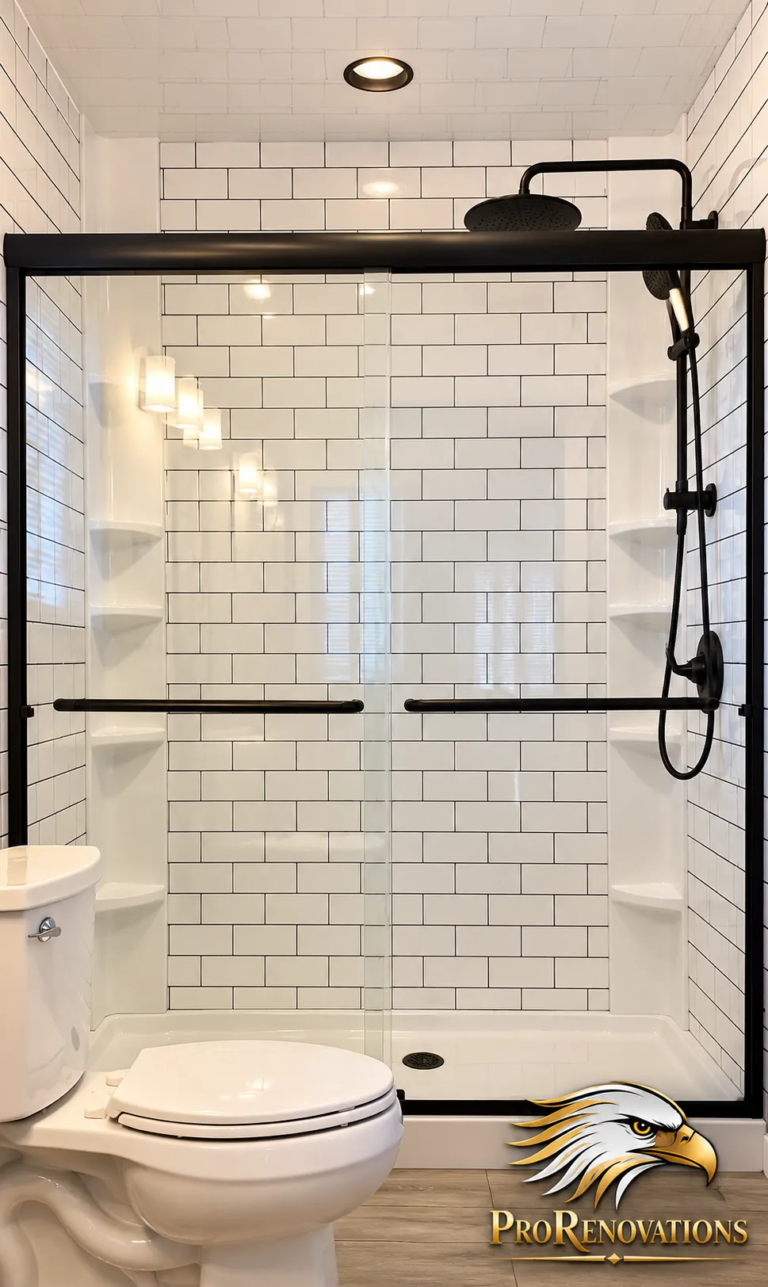 Bathroom with a white subway tile shower and a black-framed sliding glass door