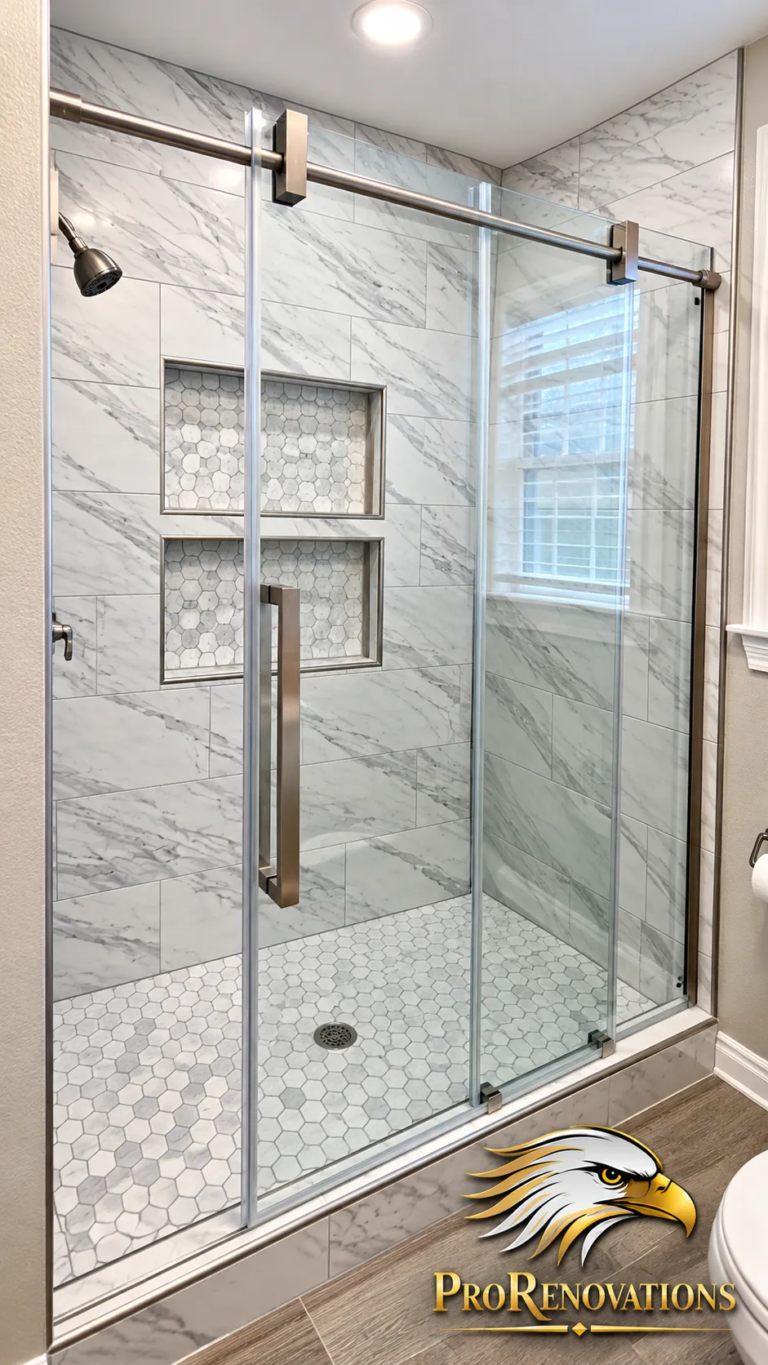 Bathroom with a walk-in shower, sliding glass door and two tiled wall niches