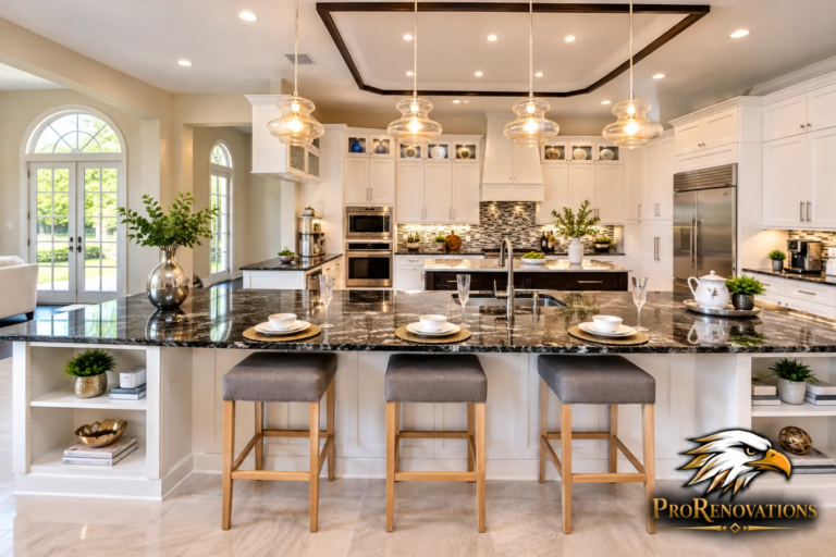 Kitchen with a black granite island, glass pendant lights and white cabinets
