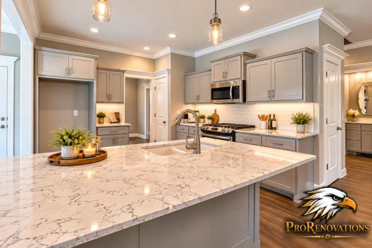 Kitchen with gray cabinets and a white marble-look island with an undermount sink