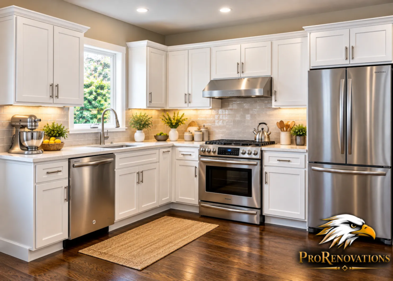 Kitchen with white shaker cabinets, a subway tile backsplash and stainless steel appliances