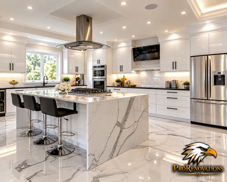 Kitchen with a white marble waterfall island, black bar stools and white shaker cabinets