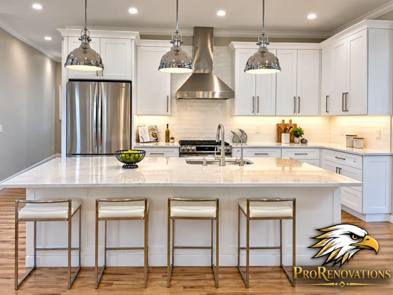 Kitchen with a large white quartz island, chrome pendant lights and gold-frame bar stools